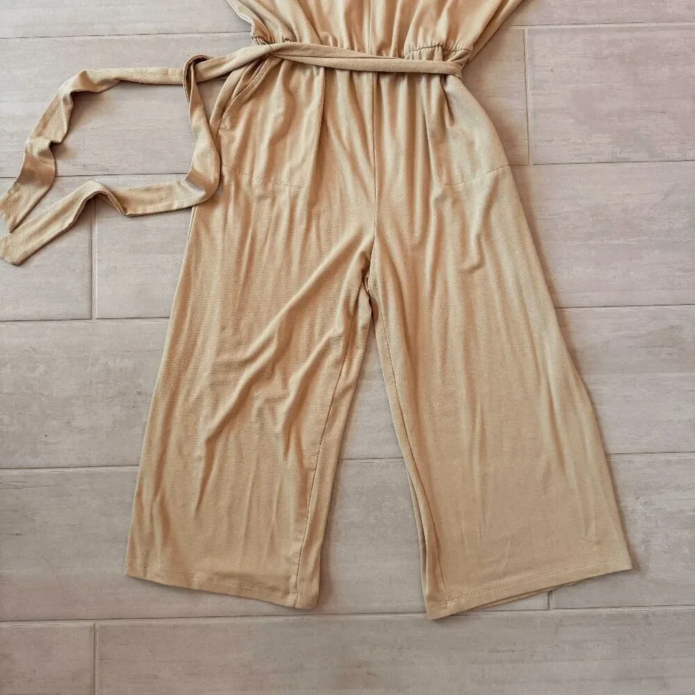 AnyBody Jumpsuit Beige Short Sleeve Wide Leg Romper V Neck Wrap-Over Bodice S - Picture 6 of 8